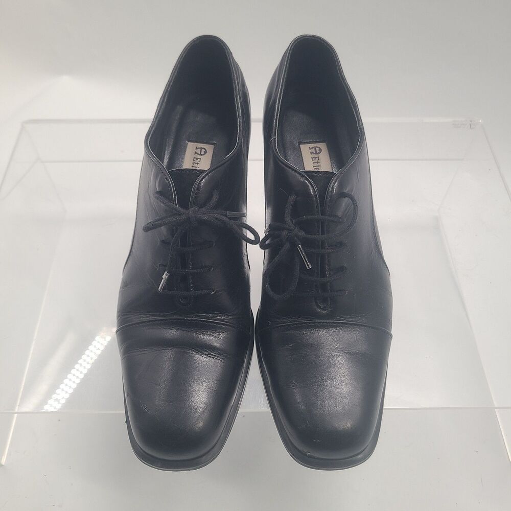 Etienne Aigner Big City Oxford Heels Black Leather Cap Toe Laced Shoes 7M